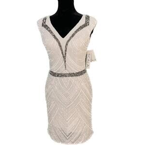SCALA NWT Hand Beaded Cocktail Dress White Silver Sequins Formal 4